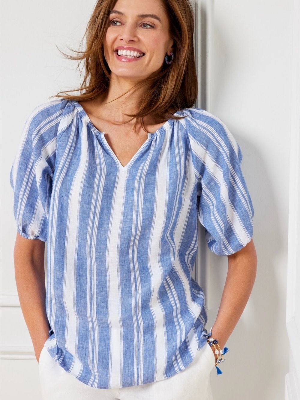 Talbots 100% Linen Dreamy Stripe Popover Top Blue White Puff Sleeve Size 2X